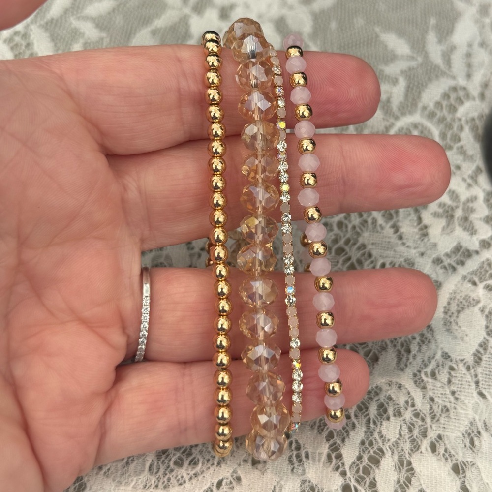 Pink/ Gold and Crystal Beaded Bracelet Set (4)